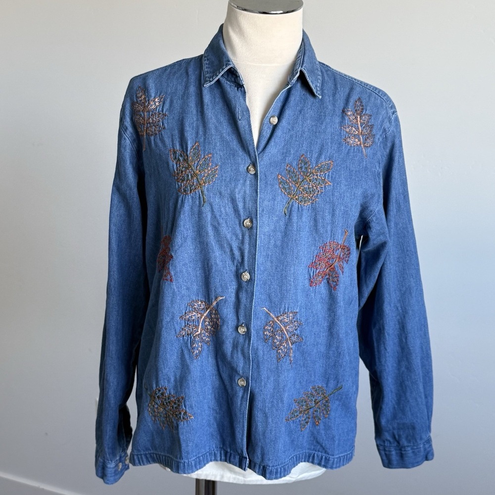 Denim Fall Leaves Shirt Lp Harvest Embroidered VTG Festival Teacher Novelty